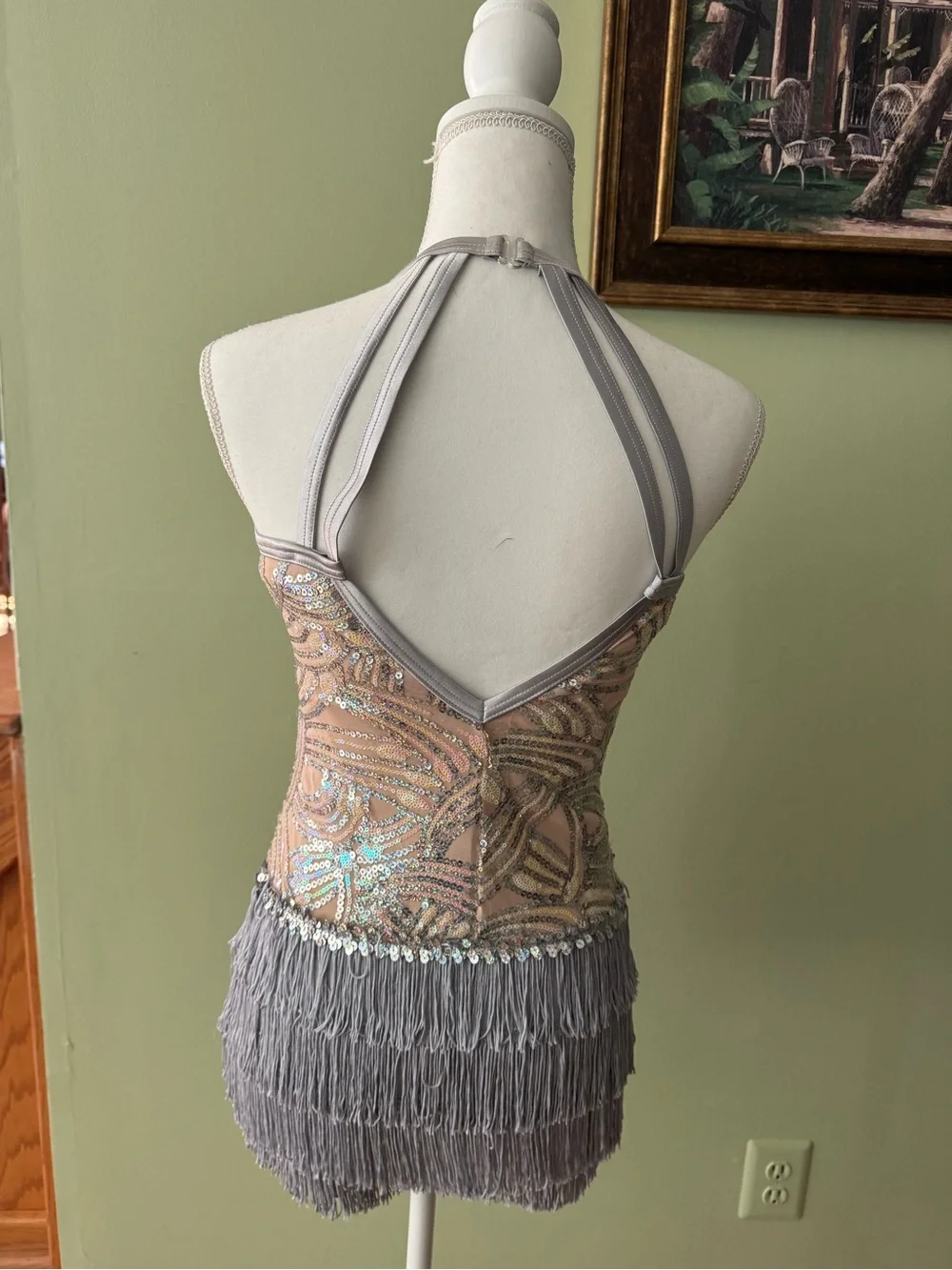 Weissman Iridescent Sequin Halter Costume with Gray Fringe - sz XLC